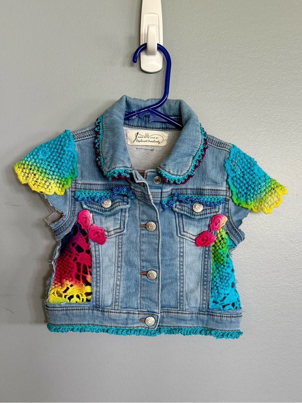 Upcycled Kids Denim Vest with Rainbow Crochet Sleeves - Blue